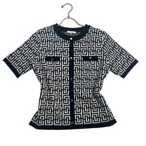 Sioni Button Cardigan Short Sleeve Black and White Geometric Print Ladies Size S
